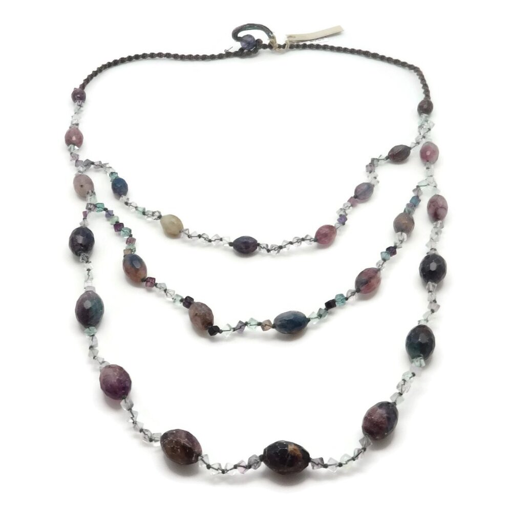 Chan Luu Large Purple & Green Mineral Stone Three Layered Cord Necklace 30" NWT